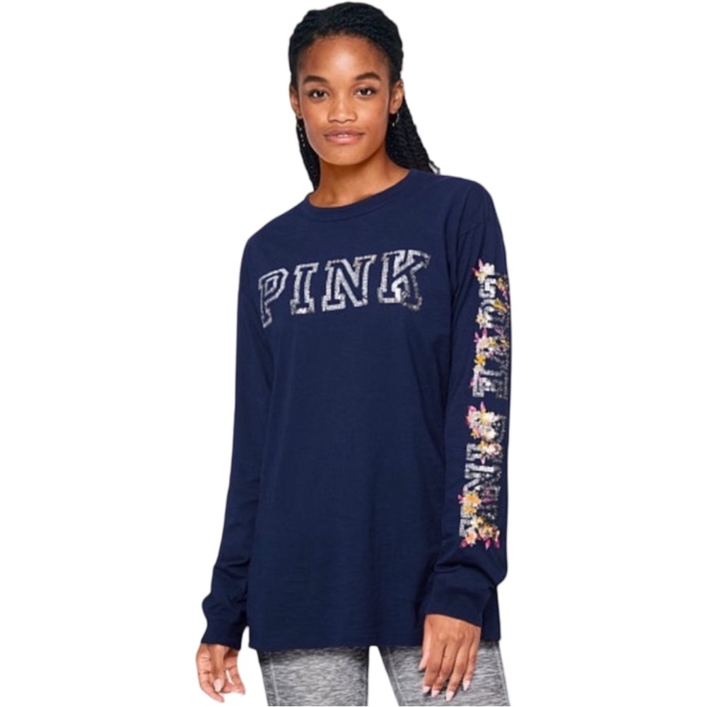 PINK Victoria's Secret Women Navy Sequin Floral Bling Campus Ringer Tee Large